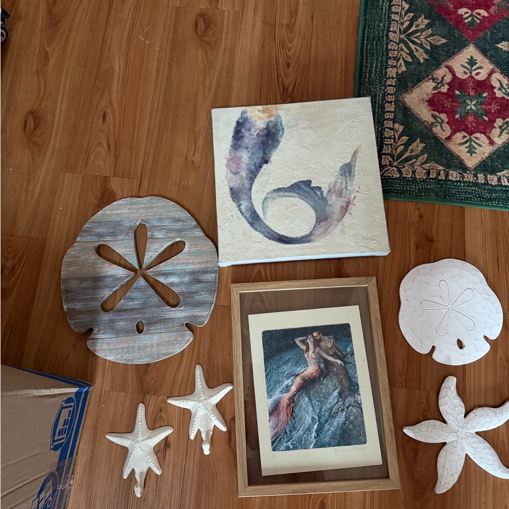 Coastal Mermaid Art Print and Nautical Wall Décor Set - White, Blue, Tan
